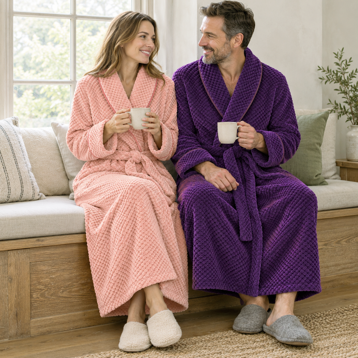 Couple with mugs on a window seat, she in a pink waffle fleece bathrobe and he in a purple one