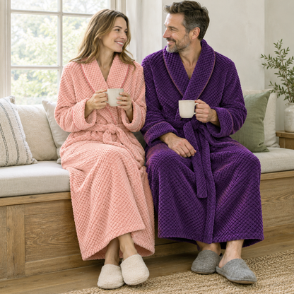Couple with mugs on a window seat, she in a pink waffle fleece bathrobe and he in a purple one