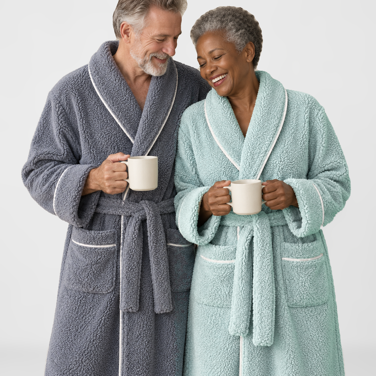 Smiling couple holding mugs, he in a slate fleece bathrobe and she in a mint one, both with white piping