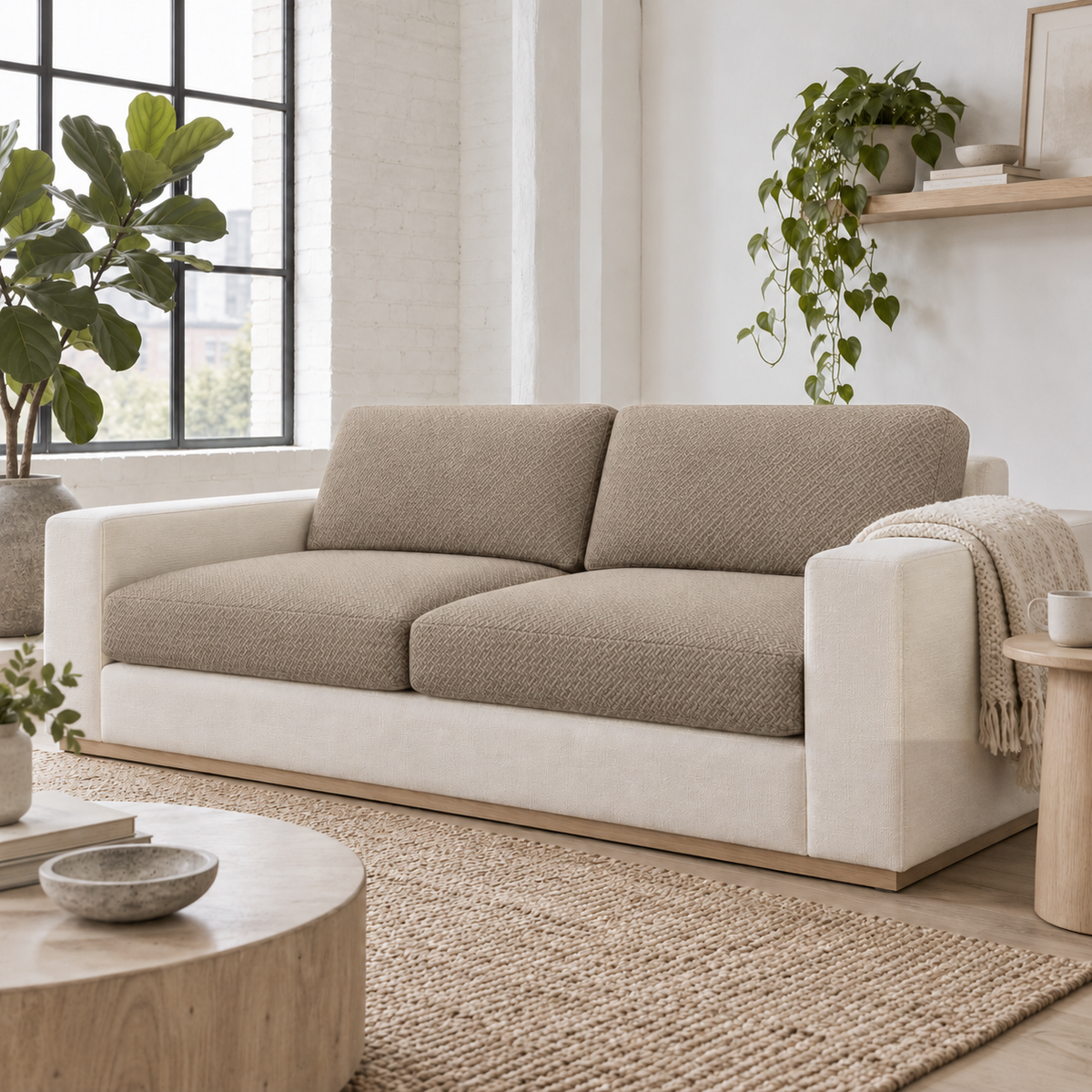 Low white sofa with camel seat and back cushion covers in a bright loft with white brick walls and plants