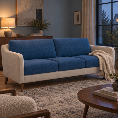 Mid-century sofa with navy cushion covers in a slate blue living room in the evening, lit by a table lamp