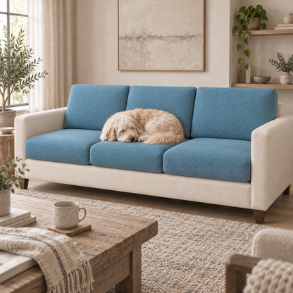 A fluffy dog asleep on a sofa with blue stretch covers on its seat and back cushions in a calm living room