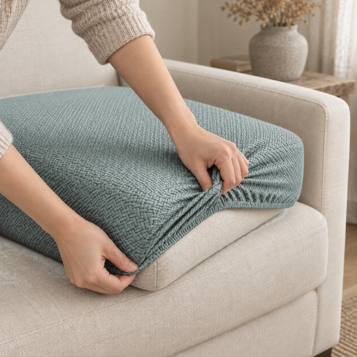 Two hands stretching the elastic edge of a green cover over the corner of a sofa seat cushion
