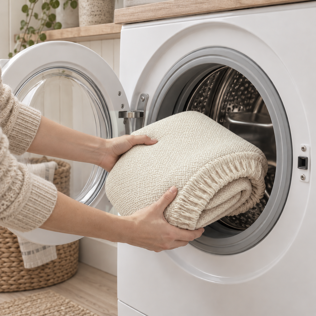 Hands loading a folded beige cushion cover into a front-loading washing machine
