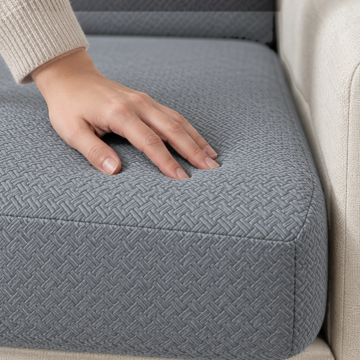 Close-up of fingertips pressing into the raised cross-hatch knit of a charcoal seat cushion cover