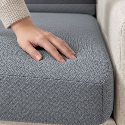 Close-up of fingertips pressing into the raised cross-hatch knit of a charcoal seat cushion cover