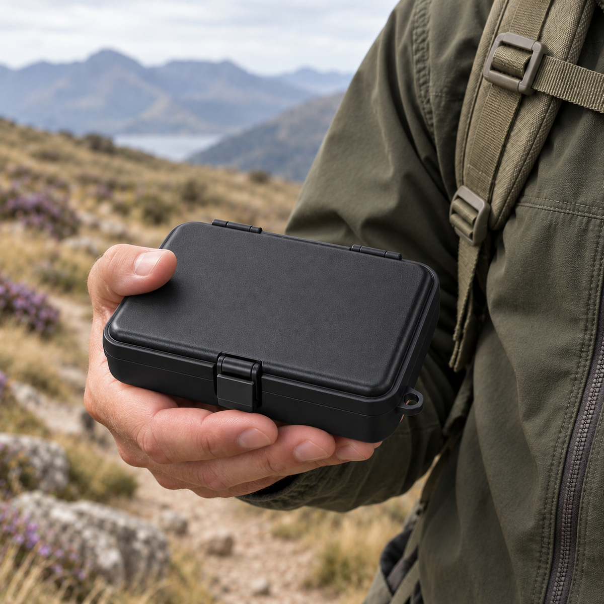 Closed black survival kit case held in one hand on a hillside trail, showing it is about the size of a small book