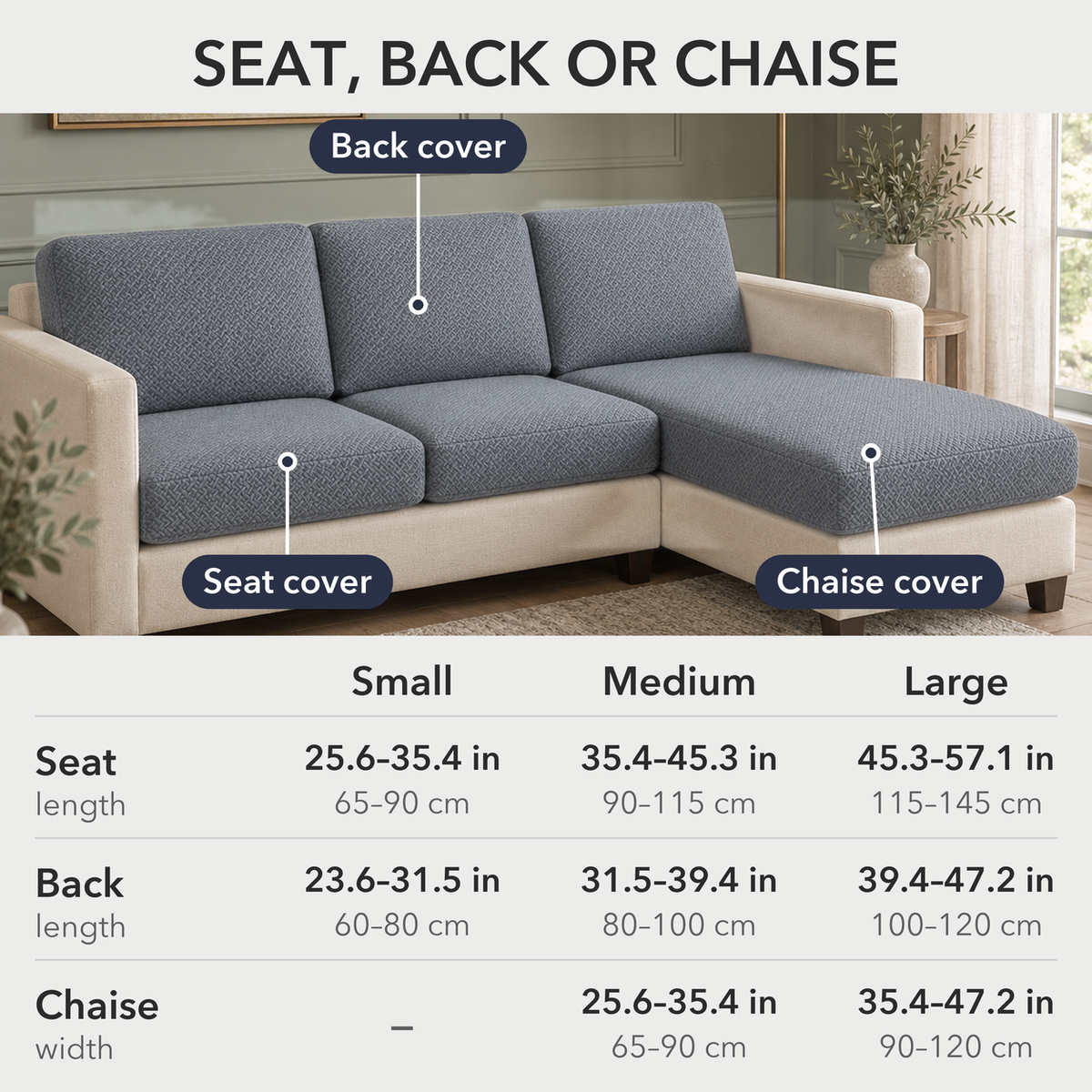 L-shaped sectional with charcoal covers, labelled back cover, seat cover and chaise cover, above a size table: seat and back covers in Small, Medium and Large by cushion length, chaise covers in Medium and Large by width, in inches and centimeters