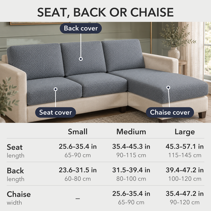 L-shaped sectional with charcoal covers, labelled back cover, seat cover and chaise cover, above a size table: seat and back covers in Small, Medium and Large by cushion length, chaise covers in Medium and Large by width, in inches and centimeters