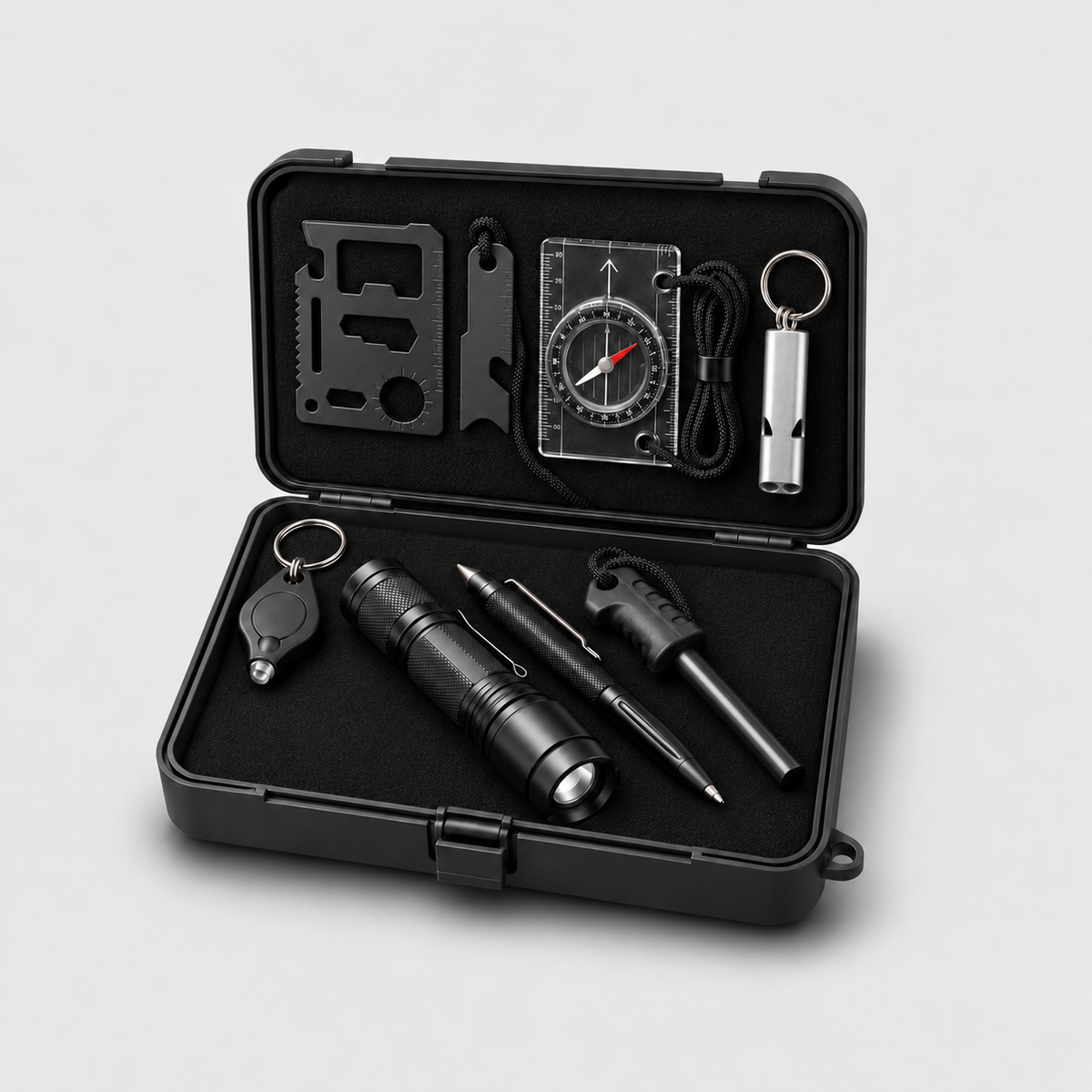 Open black hard case lined with soft fabric holding a flashlight, pen and fire rod, with the compass, whistle, multi-tool and striker in the lid, on a light grey background