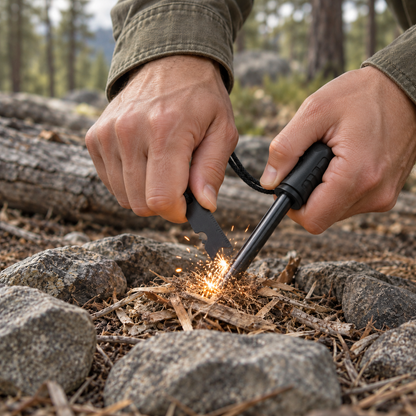 Hands striking the ferro rod to throw sparks into a tinder bundle inside a ring of stones