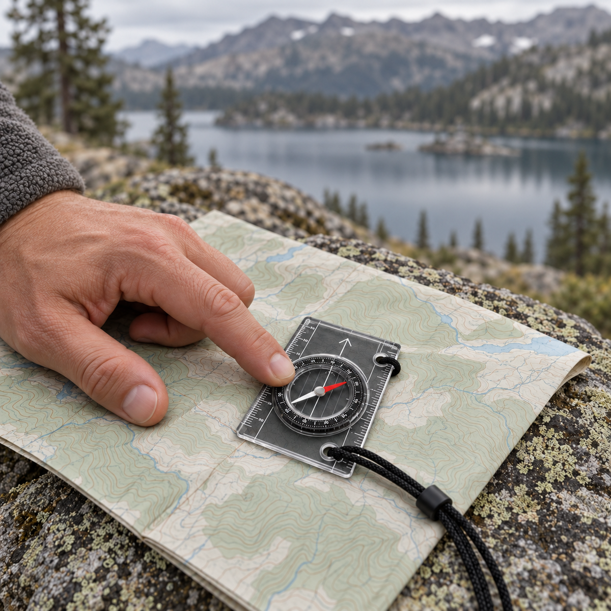 Finger resting on the compass laid on a map on a boulder, with a mountain lake behind
