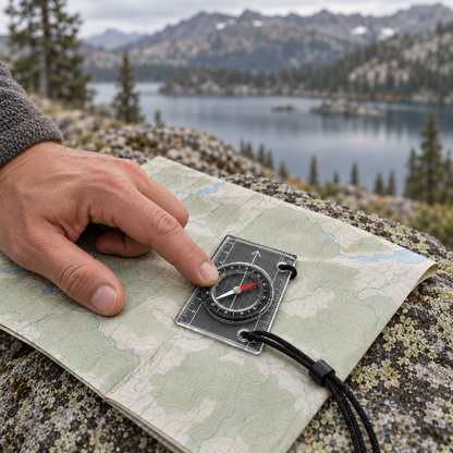 Finger resting on the compass laid on a map on a boulder, with a mountain lake behind