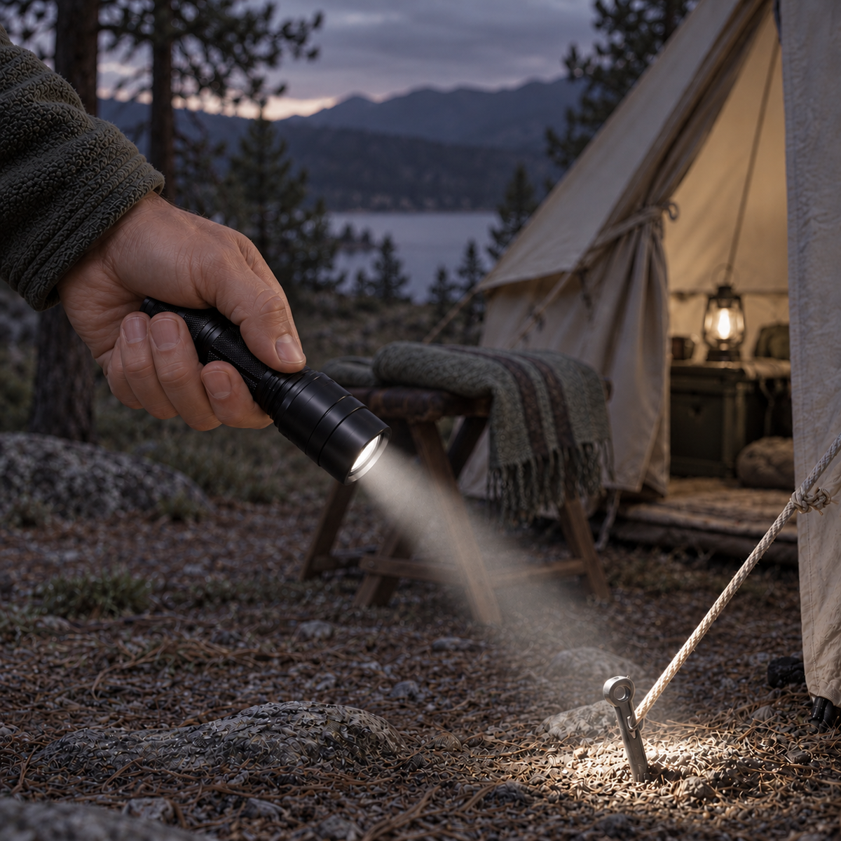 Hand shining the black flashlight at a tent peg beside a canvas tent at dusk