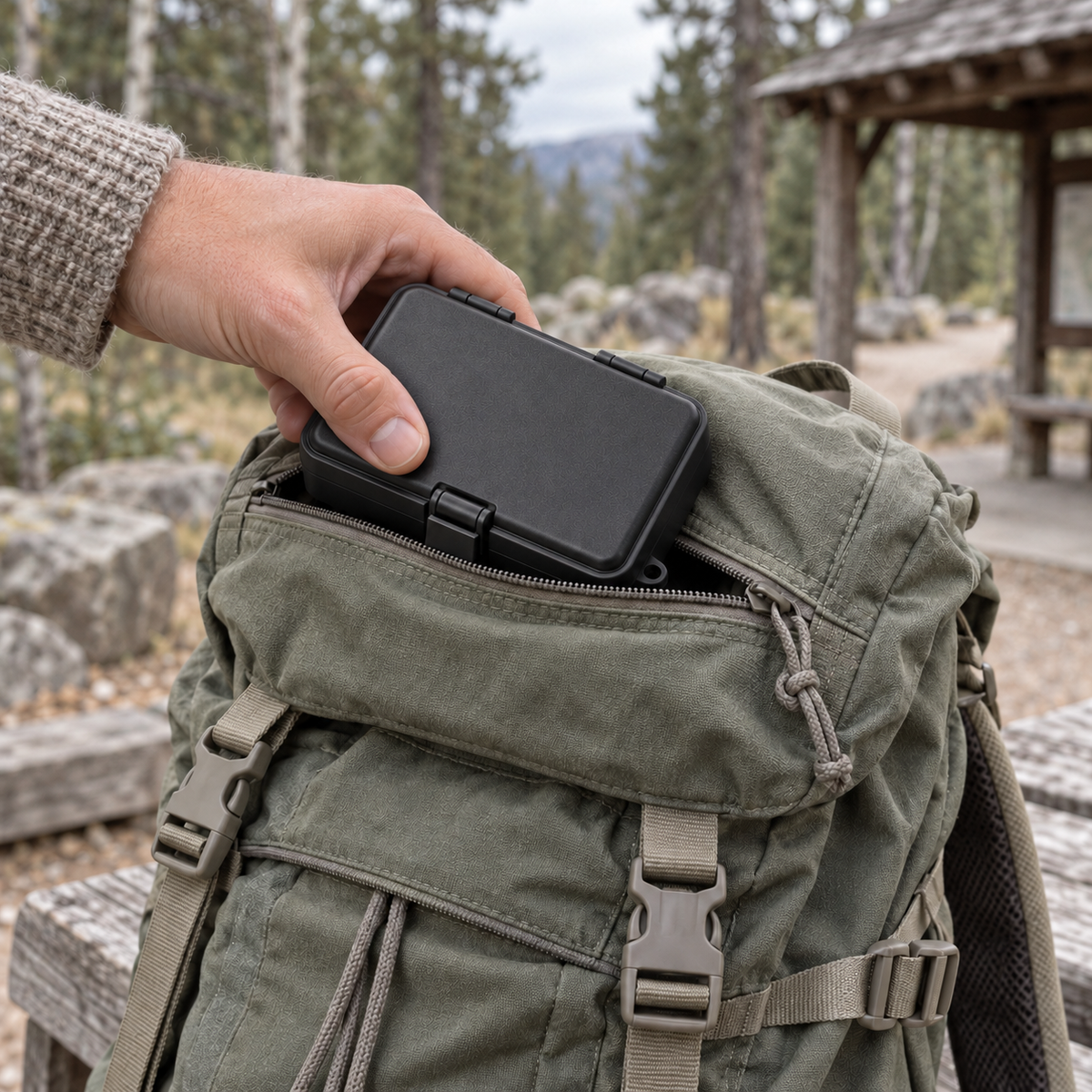 Hand sliding the closed kit case into the lid pocket of a canvas backpack