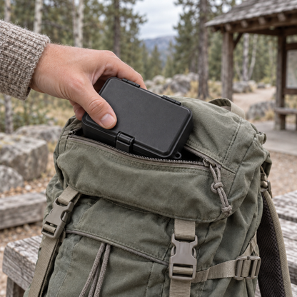 Hand sliding the closed kit case into the lid pocket of a canvas backpack