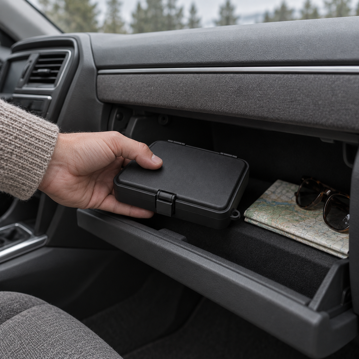 Hands stowing the closed kit case in a car glovebox