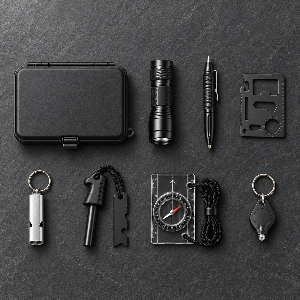 All eight pieces of the kit laid out neatly in a grid on a dark slate surface