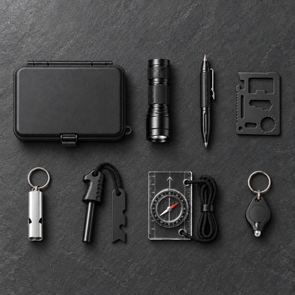 All eight pieces of the kit laid out neatly in a grid on a dark slate surface