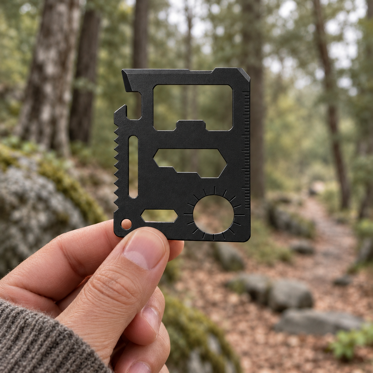 Close-up of the flat black stainless steel multi-tool held between finger and thumb