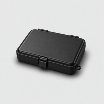 Closed black hard case from the front, showing the centred latch, on a light grey background