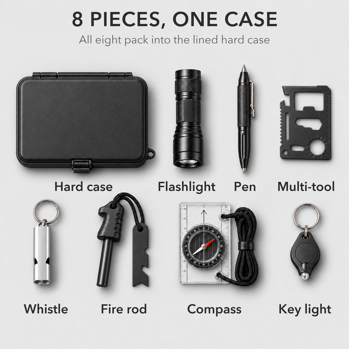 What's in the kit: hard case, flashlight, pen, multi-tool, whistle, fire rod, compass and keychain light