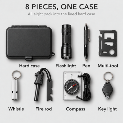 What's in the kit: hard case, flashlight, pen, multi-tool, whistle, fire rod, compass and keychain light