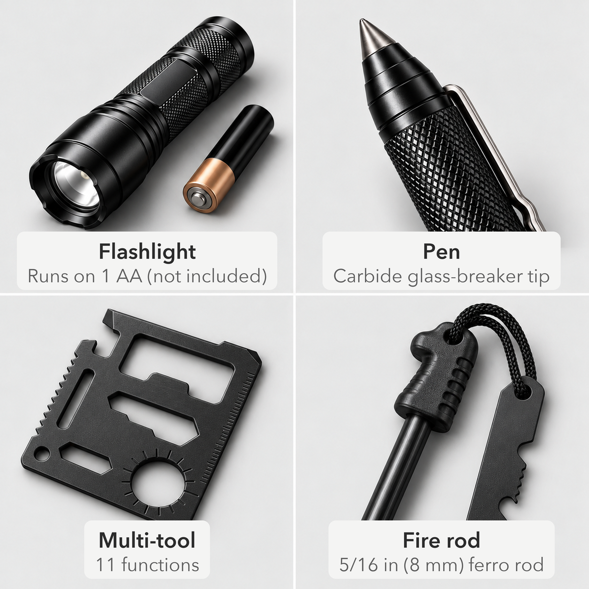 Four tools close up: the flashlight with one AA battery, the pen's carbide glass-breaker tip, the black multi-tool and the ferro rod with its handle