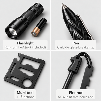 Four tools close up: the flashlight with one AA battery, the pen's carbide glass-breaker tip, the black multi-tool and the ferro rod with its handle