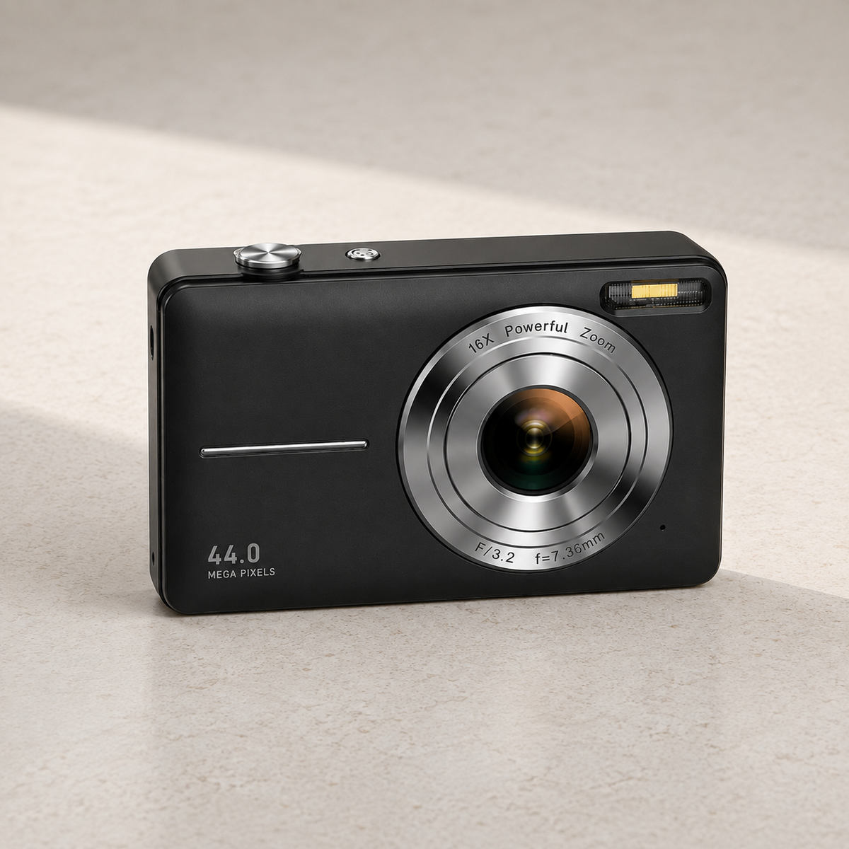 Black compact digital camera standing on a pale stone kitchen worktop in daylight, seen from the front at a slight angle, with the silver lens ring, the flash window at the top right and 44.0 MEGA PIXELS on the lower left of the body