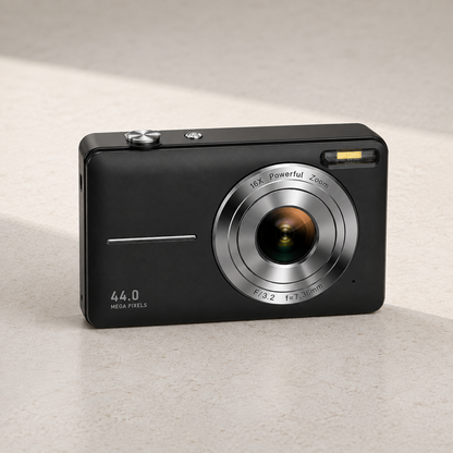 Black compact digital camera standing on a pale stone kitchen worktop in daylight, seen from the front at a slight angle, with the silver lens ring, the flash window at the top right and 44.0 MEGA PIXELS on the lower left of the body