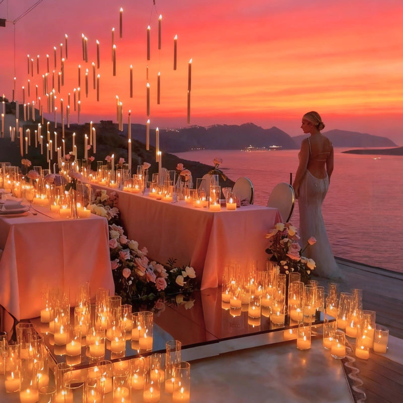Floating LED candles over wedding tables on a clifftop terrace at sunset