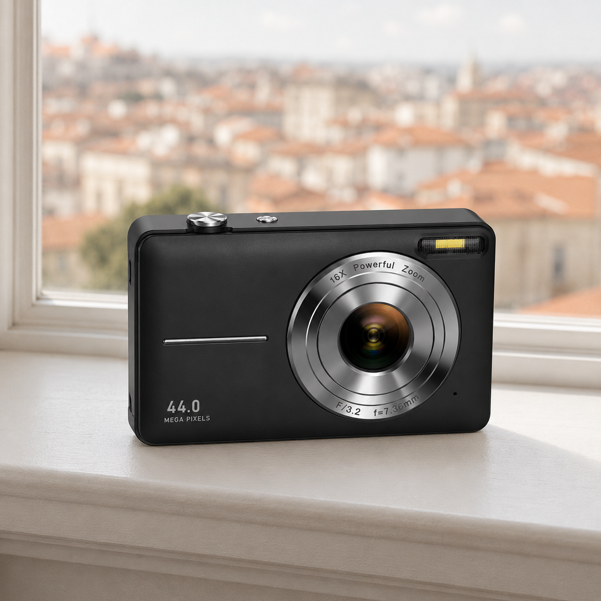 Black compact digital camera standing on a painted windowsill, with an out-of-focus view of tiled rooftops through the window behind it