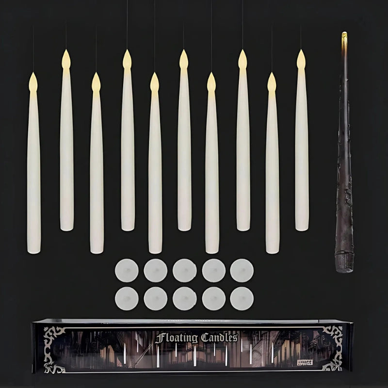 Ten floating LED candles, ten adhesive pads and the magic wand from the ten pack