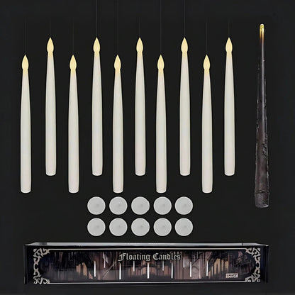 Ten floating LED candles, ten adhesive pads and the magic wand from the ten pack