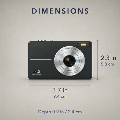 Dimension diagram of the black camera shown flat from the front on a grey background, marked 3.7 in / 9.4 cm across the width and 2.3 in / 5.8 cm down the height, with a note reading Depth 0.9 in / 2.4 cm