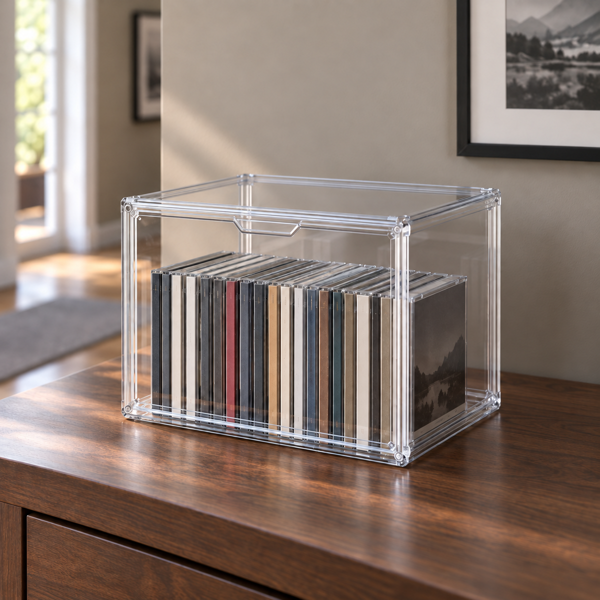 Small clear storage box with a finger notch at the top of its front door, on a walnut desk, holding a row of CDs