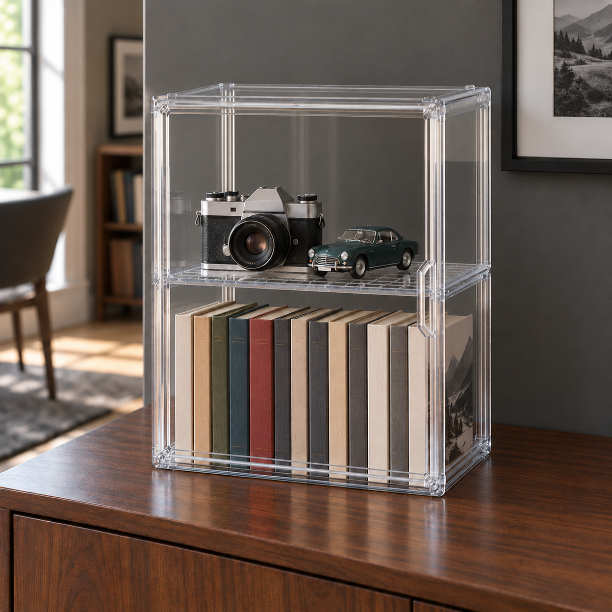 Tall clear storage box with a shelf at half height on a walnut sideboard, a camera and model car on the shelf and paperbacks below
