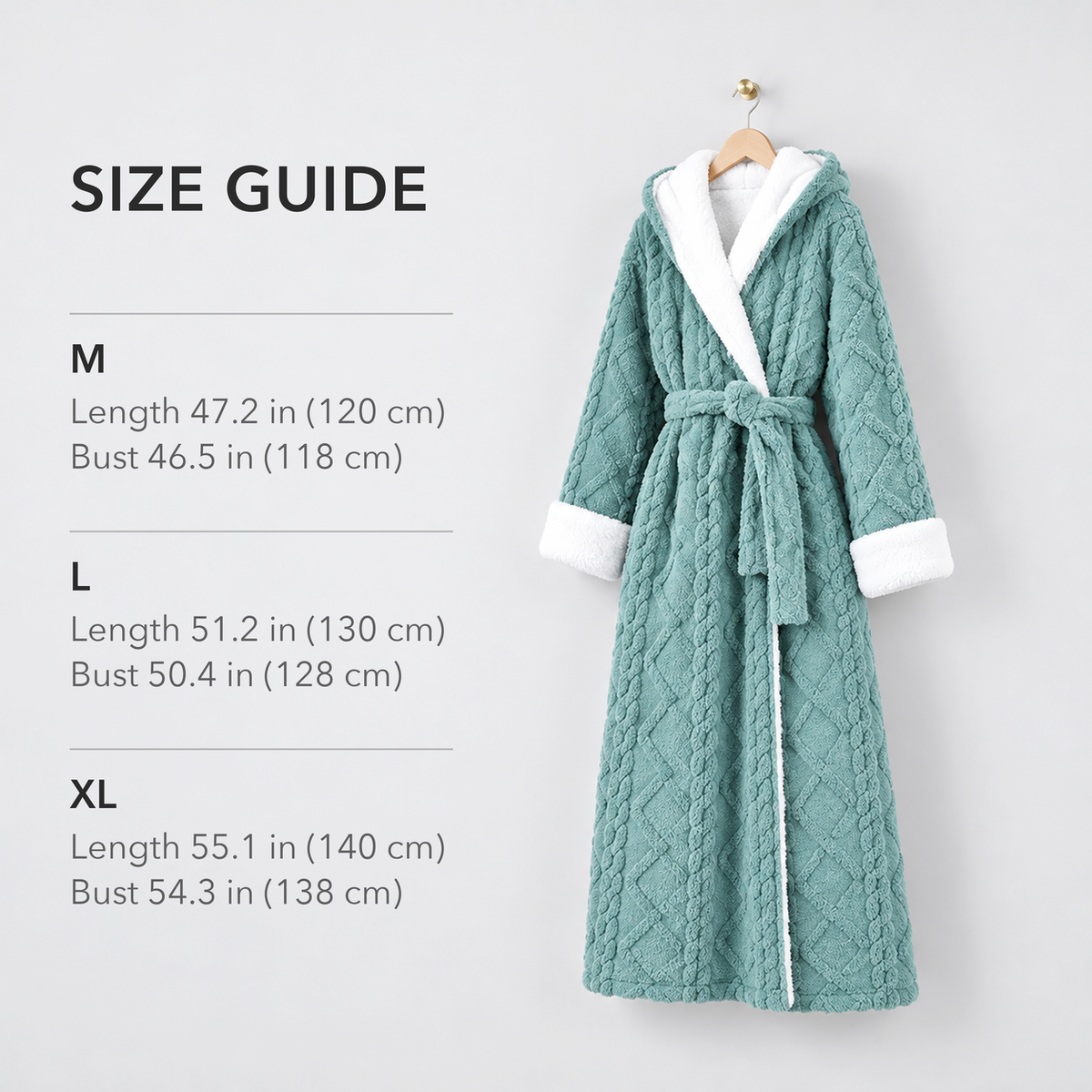 Size guide for the hooded plush bathrobe showing length and bust for M, L and XL beside a teal robe on a hanger