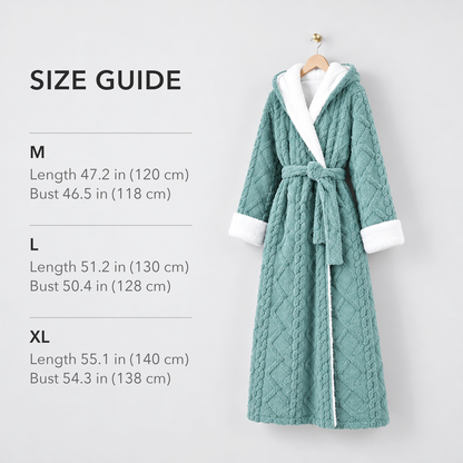 Size guide for the hooded plush bathrobe showing length and bust for M, L and XL beside a teal robe on a hanger