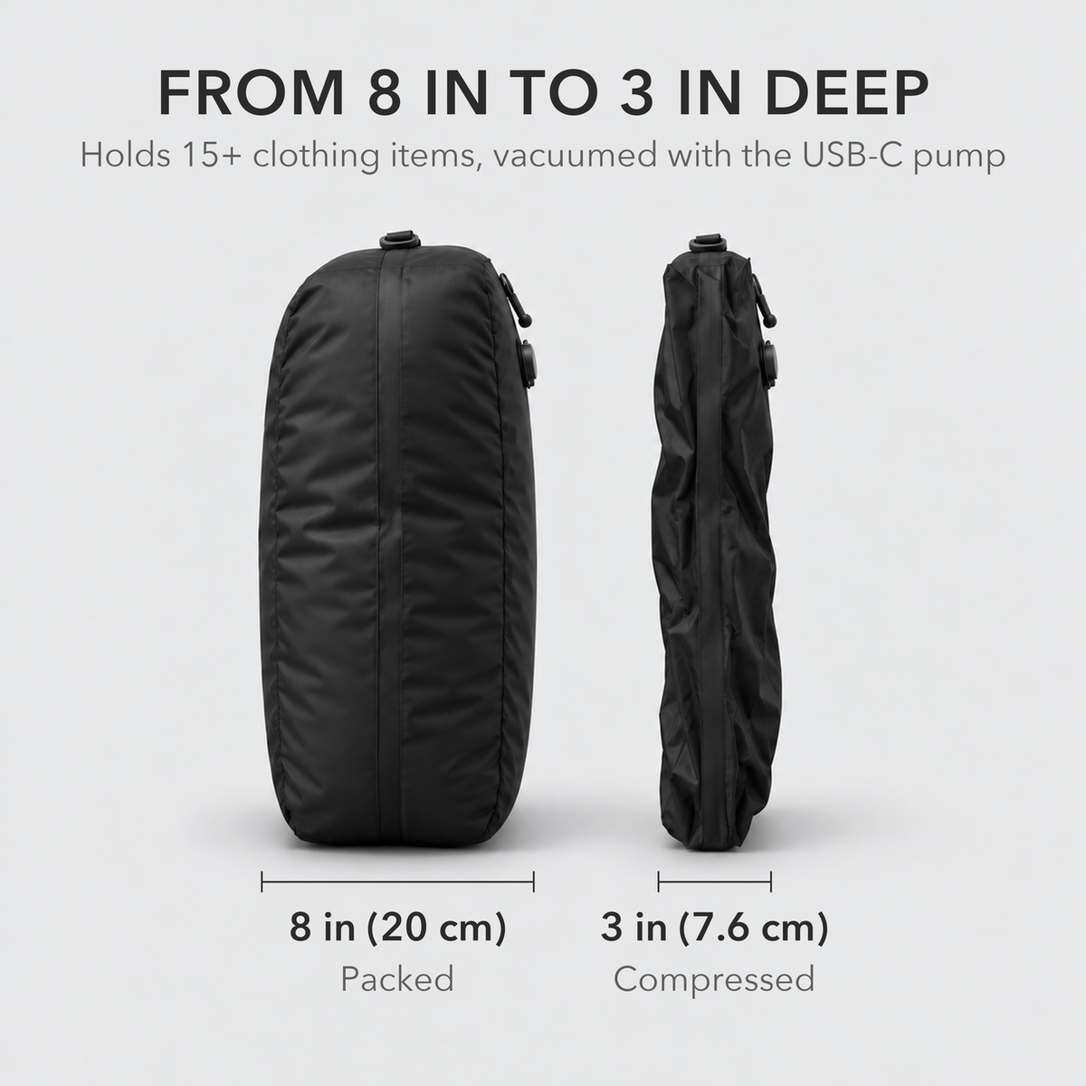 Two bags side-on: packed full at 8 in deep and vacuumed down to 3 in