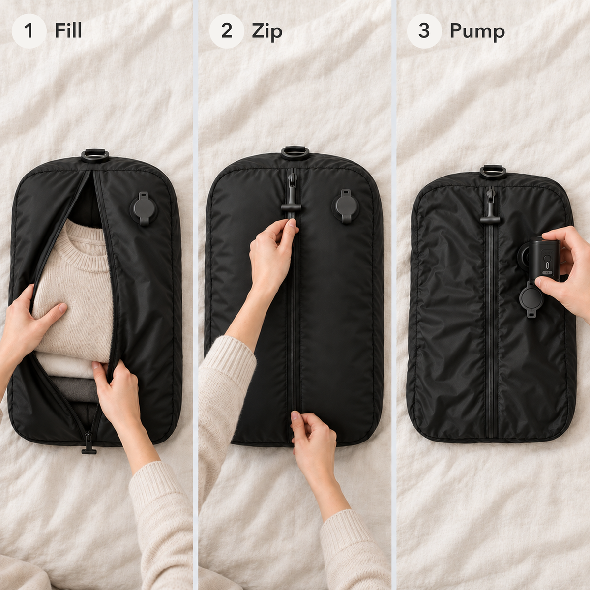 Three steps: fill the bag through the centre zip, zip it closed, then press the pump onto the open valve