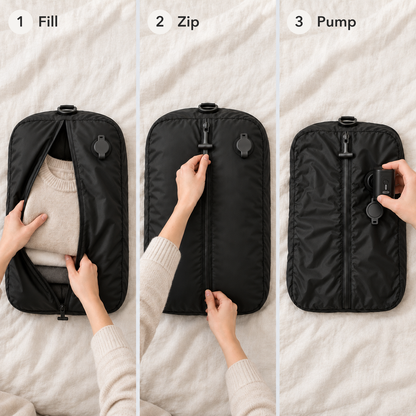 Three steps: fill the bag through the centre zip, zip it closed, then press the pump onto the open valve
