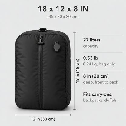 Bag dimensions: 18 x 12 x 8 in (45 x 30 x 20 cm), 27 liters, 0.53 lb, fits carry-ons, backpacks and duffels