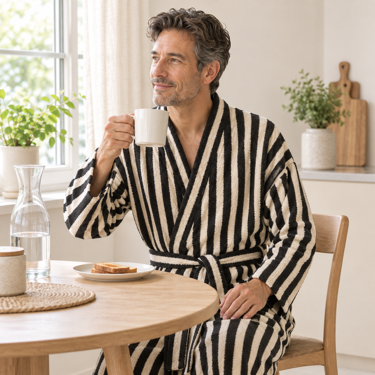 Man with a coffee at a breakfast table by a window, wearing a long black and cream striped fleece bathrobe