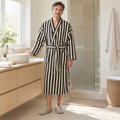 Man standing at a bathroom sink in a long black and cream striped fleece bathrobe