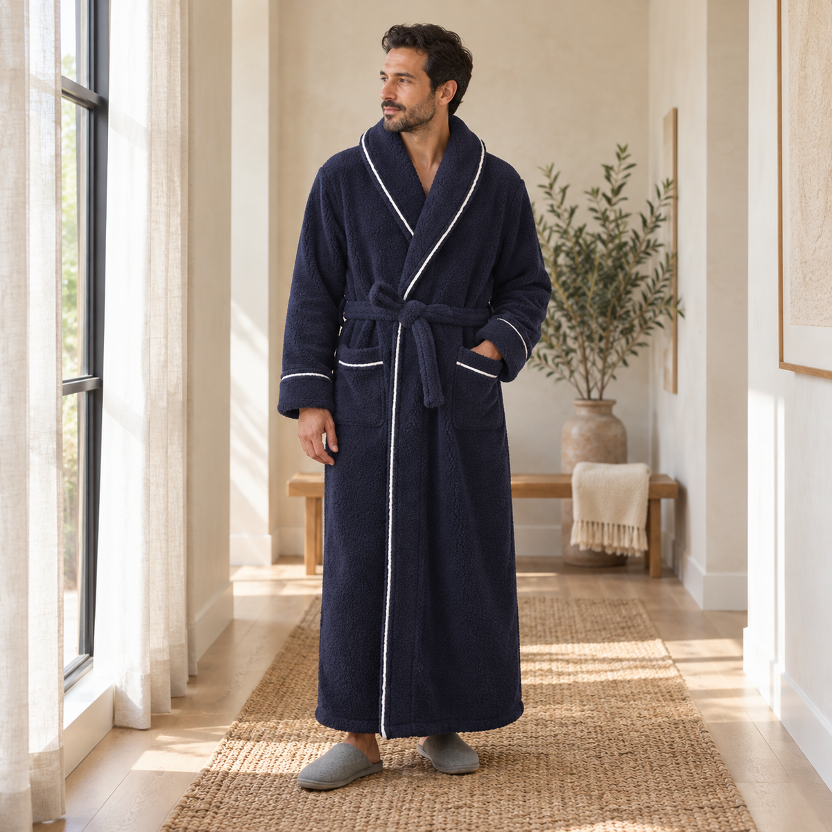 Man in an ankle-length navy fleece bathrobe standing in a bright hallway