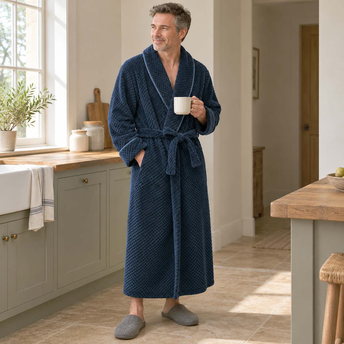 Man in an ankle-length navy waffle fleece bathrobe holding a coffee mug, one hand in a pocket, in a bright kitchen