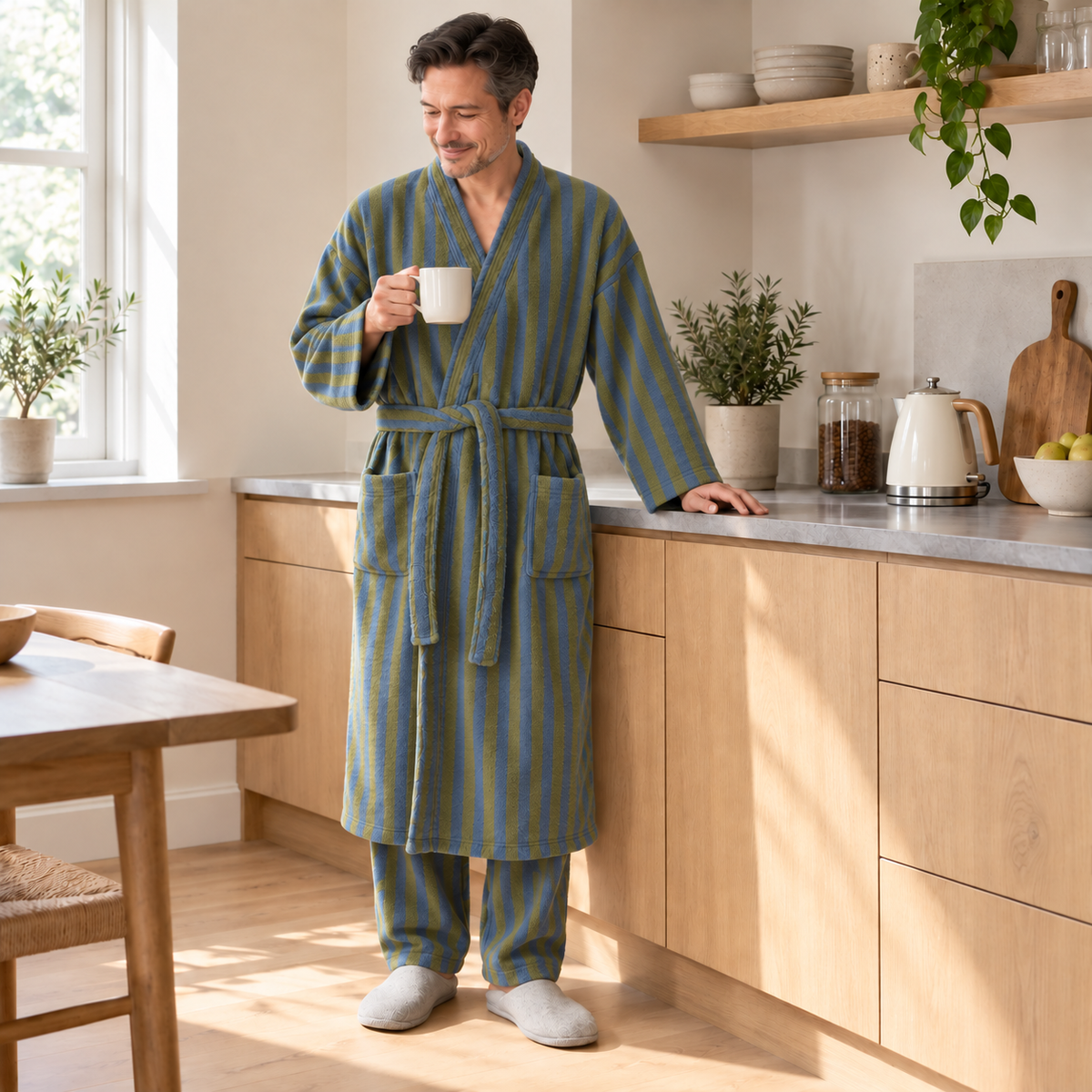Man making coffee in a bright kitchen, wearing an olive and blue striped fleece bathrobe with matching striped pants