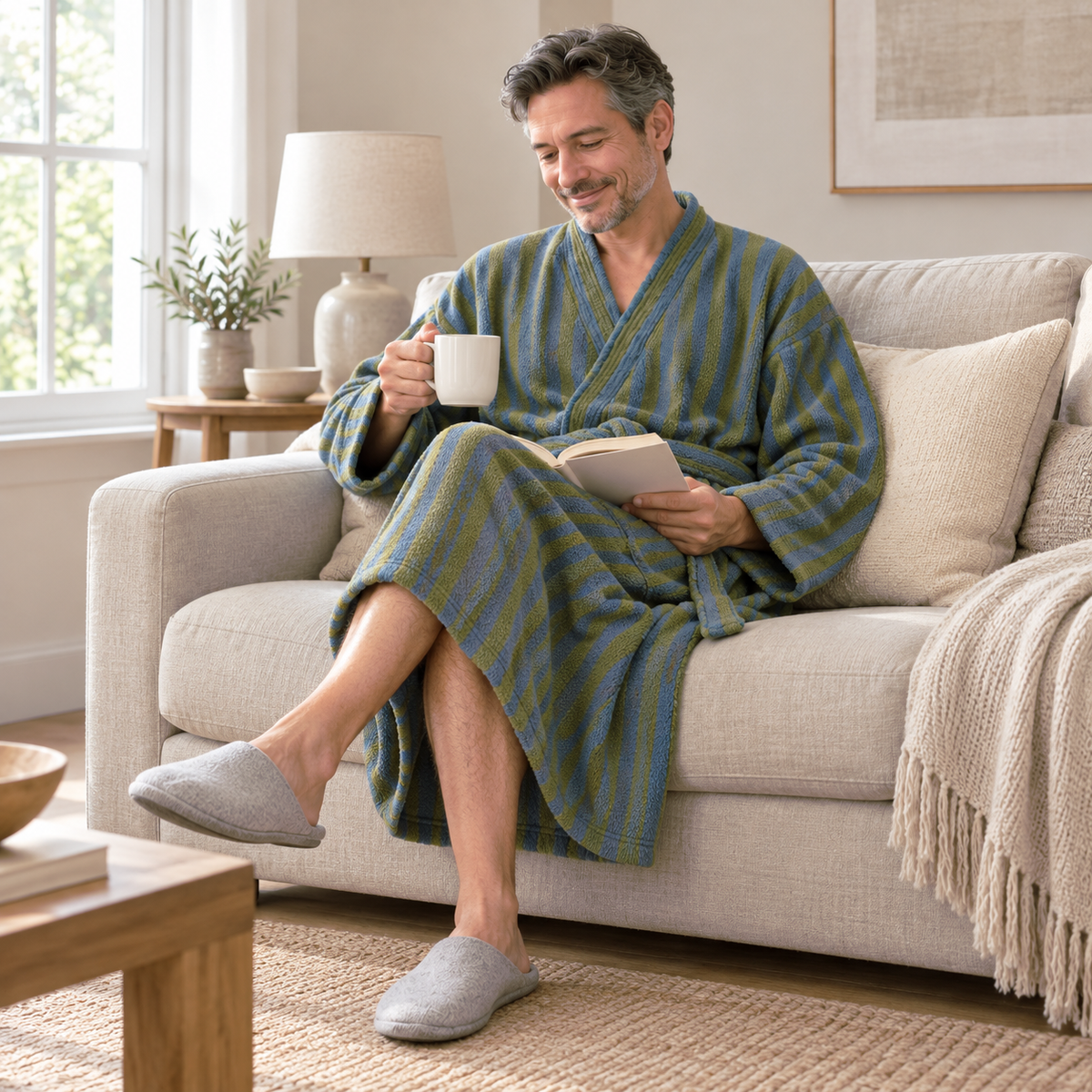 Man reading on a sofa with a mug, wearing a long olive and blue striped fleece bathrobe